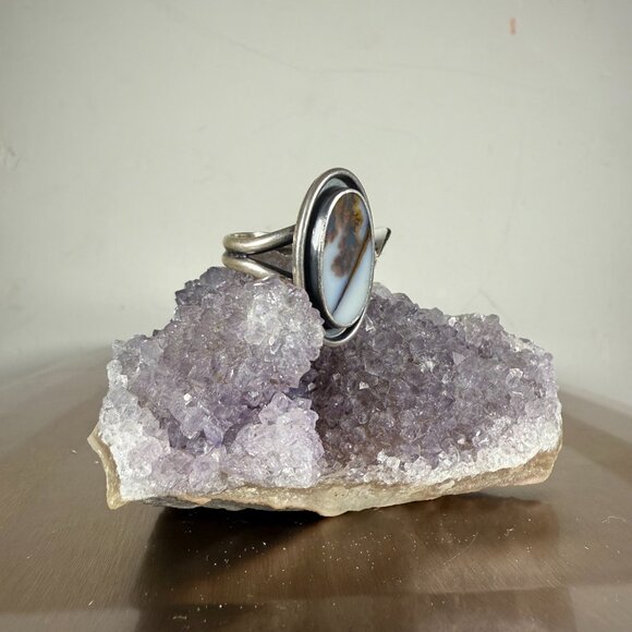 Handmade Dendritic Agate Oval Gemstone Silver Ring Artisan Womens Jewelry Size 6 - Picture 2 of 5